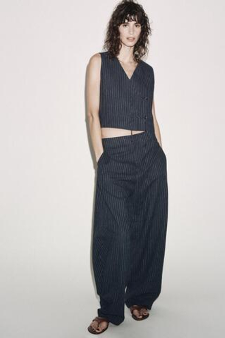 ZARA ЖИЛЕТ ИЗ СМЕСОВОГО ЛЬНА В ПОЛОСКУ — ZW COLLECTION, МОРСКОЙ СИНИЙ