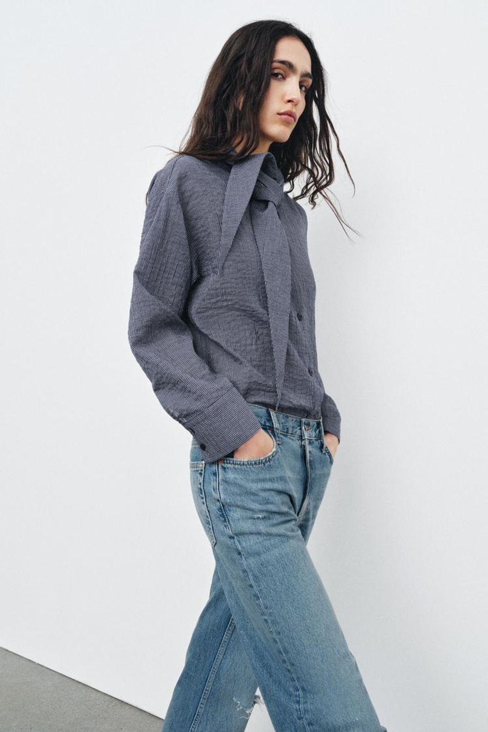 ZARA РУБАШКА В КЛЕТКУ С ПЛАТКОМ — ZW COLLECTION, МОРСКОЙ СИНИЙ