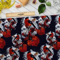 Ткань шифон снегирь с рябиной