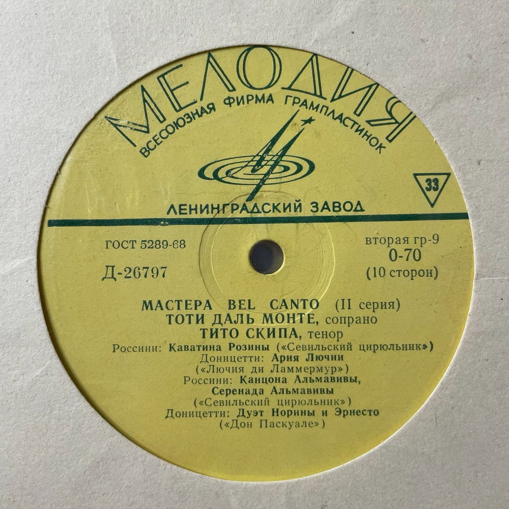 Винтажная виниловая пластинка LP Мастера Бельканто (2 Серия) (СССР 1969) 10 дюймов