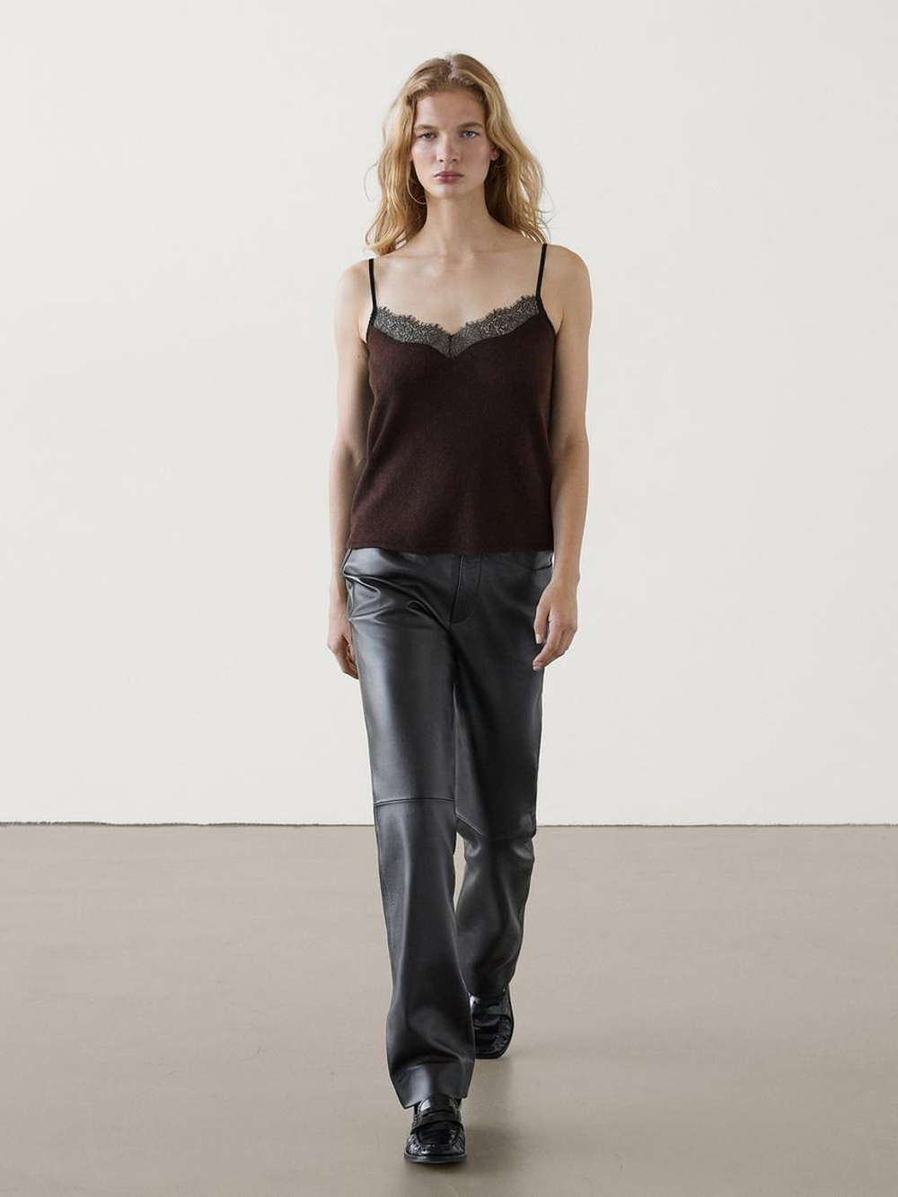 Massimo Dutti Топ в бельевом стиле с отделкой кружевом, шоколадный