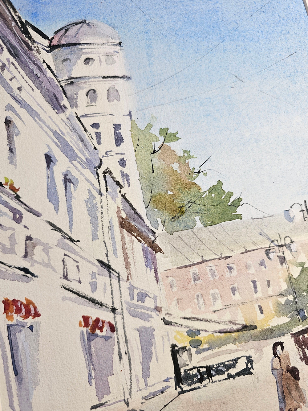 Картина авторская акварельная в паспарту 30х40 см на стену для интерьера "Климентовский переулок"