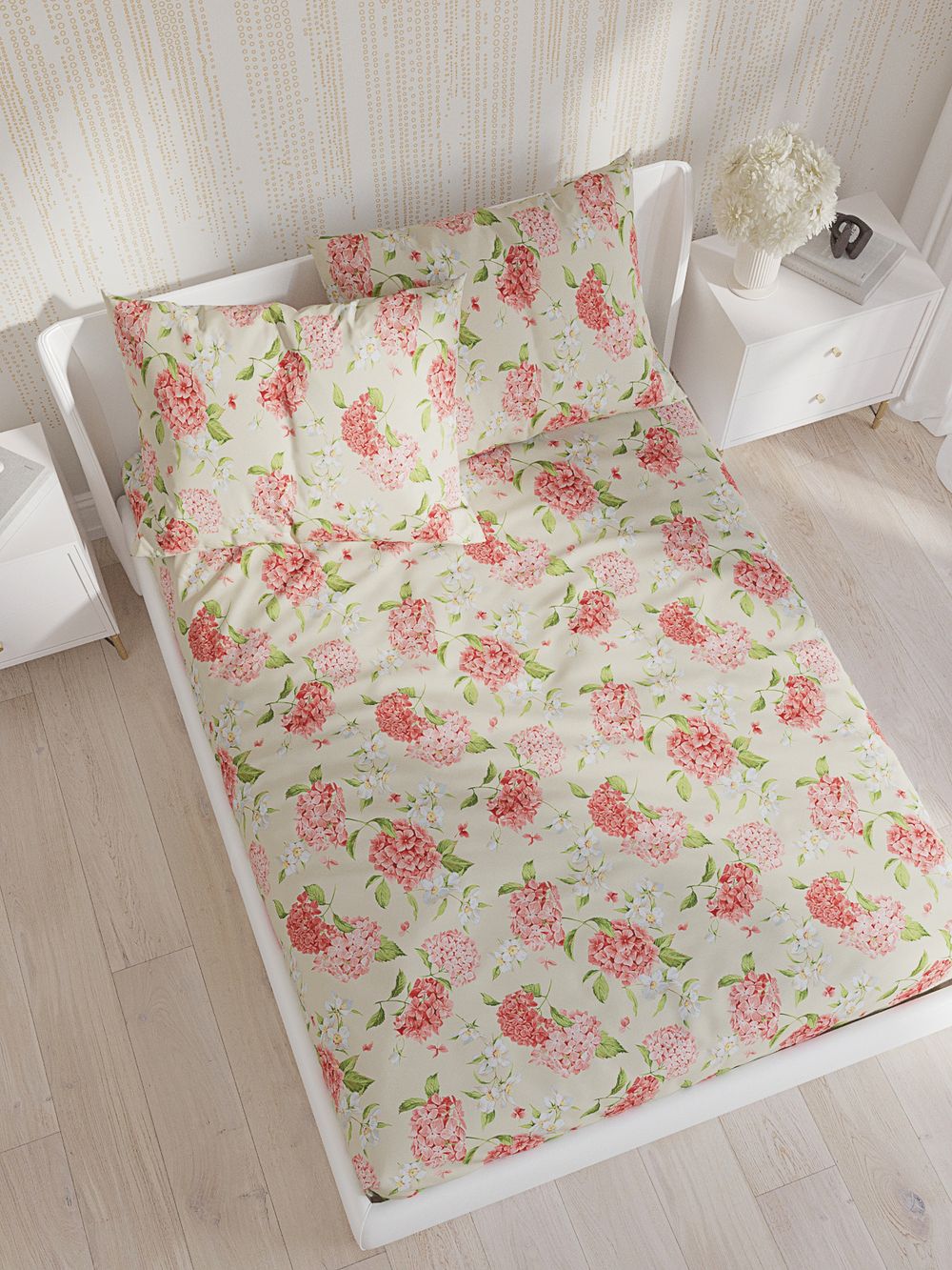Постельное белье перкаль Сказка "Гортензия" 1,5-сп Наволочка 50х70 см 1 шт Простынь на резинке 90x200 см Пододеяльник 145x215 см