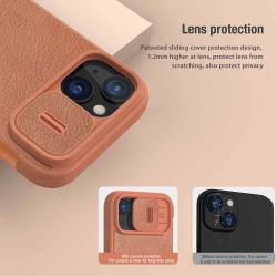 Кожаный чехол книжка коричневого цвета от Nillkin для iPhone 15, серия Qin Pro Leather с защитной шторкой для камеры