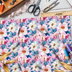 Ткань саржа крупные нежные цветы на розовом фоне