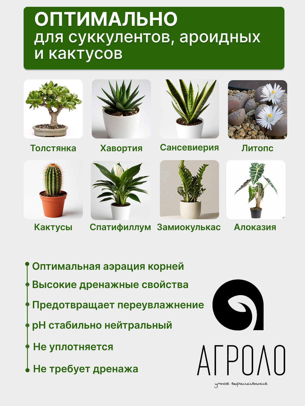 Грунт для растений минеральный АГРОЛО Основа, универсальный, для кактусов и суккулентов, ароидных, для фитильного полива