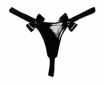 Черные лаковые трусики-стринги с бантиками (Размер: XS-M) (Цвет: черный)