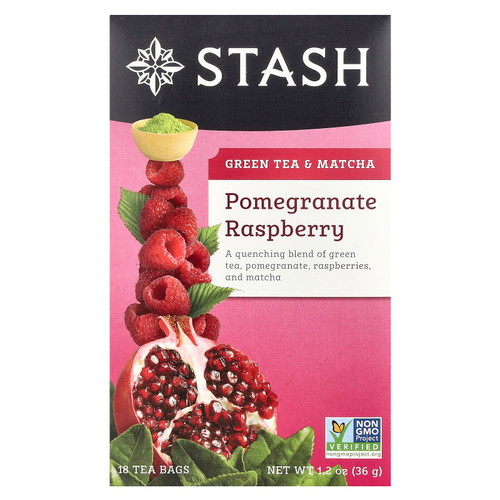 Stash Tea, зеленый чай и матча, гранат и малина, 18 чайных пакетиков, 36 г (1,2 унции)