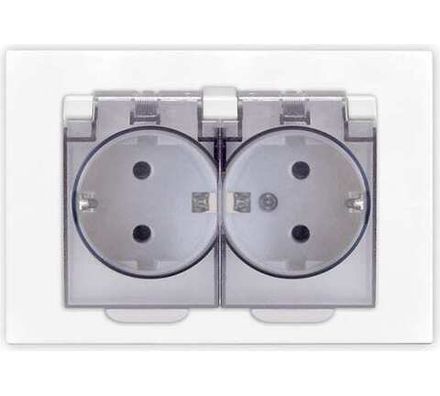 Розетка двухместная "UNIVersal" серия "Афина" с/з с прозрачной крышкой, с/у, 16А, 220В, белая (еврос