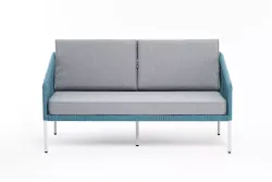 "Канны" диван 2-местный плетеный из роупа, каркас алюминий светло-серый (RAL7035) муар, роуп бирюзовый круглый, ткань светло-серая