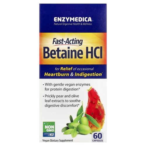 Enzymedica, быстродействующий бетаин гидрохлорид, 60 капсул