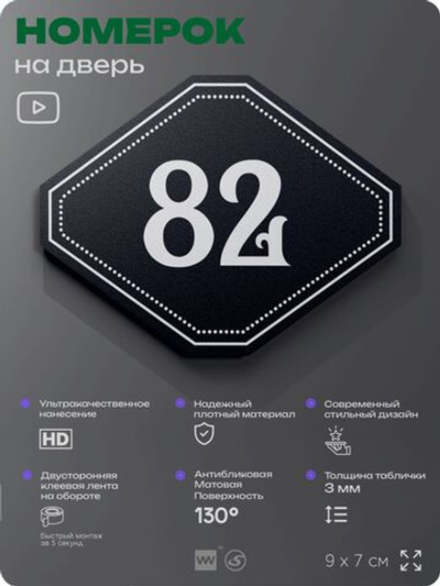 Номерок на дверь квартиры 82, для кабинета, офиса, шильдик 9 х 7 см, черный, Айдентика Технолоджи