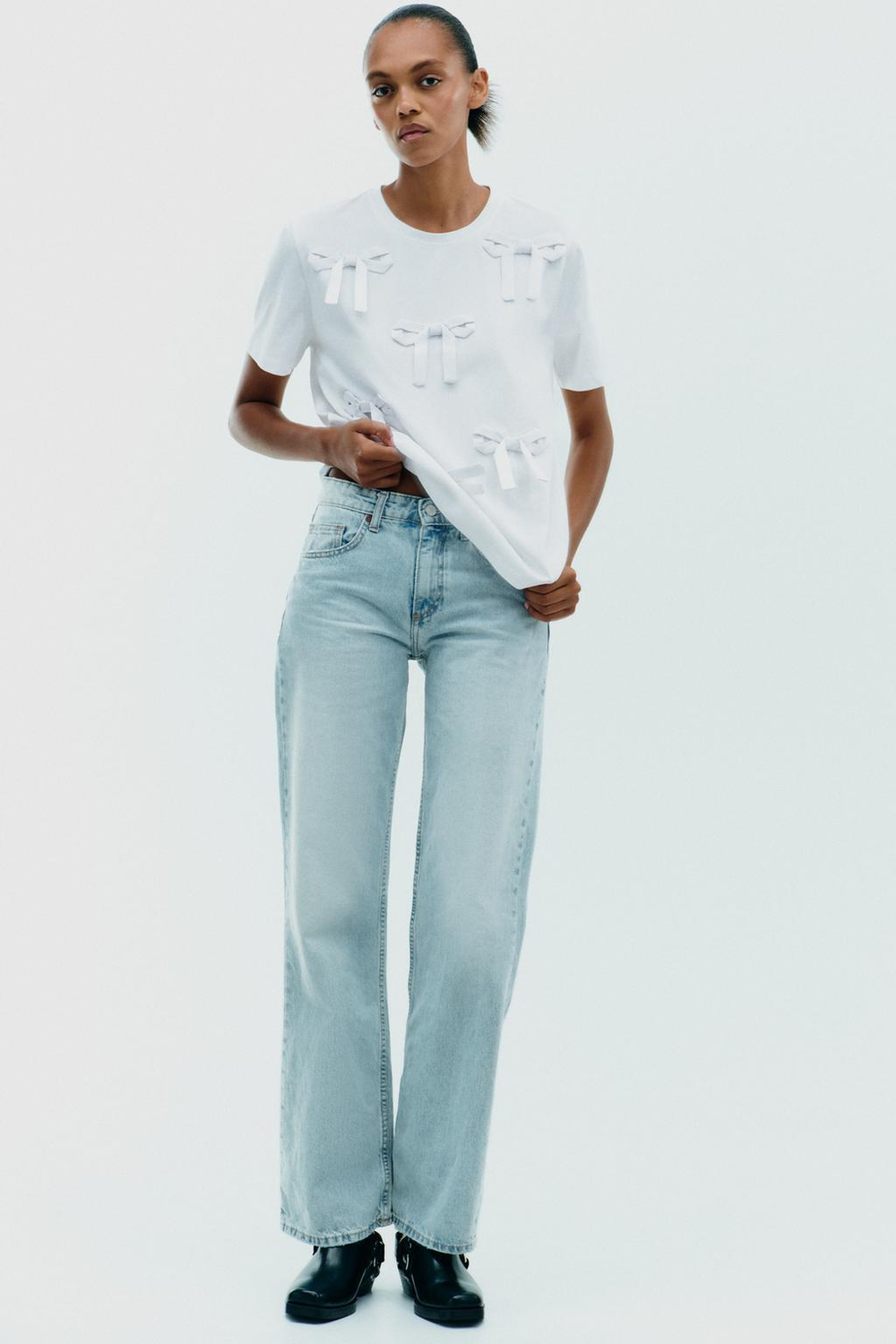 ZARA ФУТБОЛКА С ЛЕНТАМИ, БЕЛЫЙ