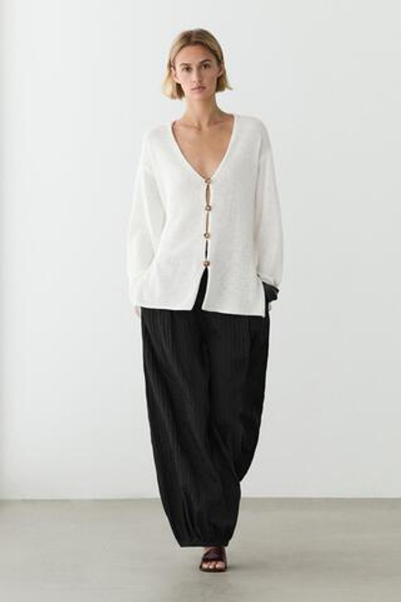 Massimo Dutti Длинный вязаный кардиган с V-образным вырезом, белый