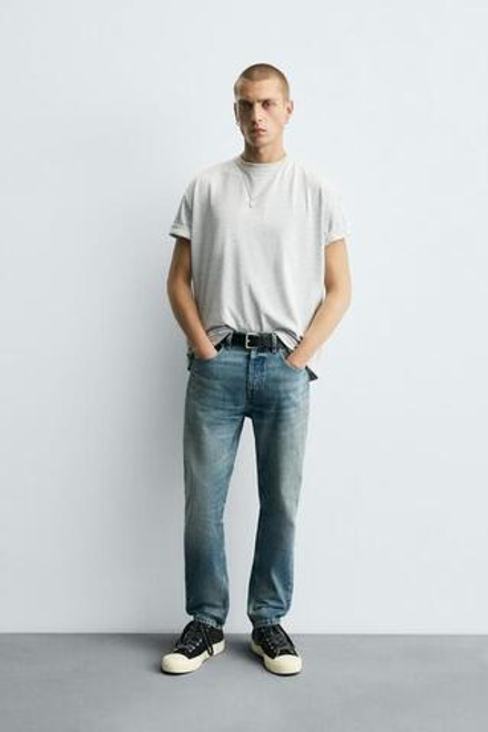 ZARA УКОРОЧЕННЫЕ ДЖИНСЫ SLIM FIT, ВЫЦВЕТШИЙ СИНИЙ