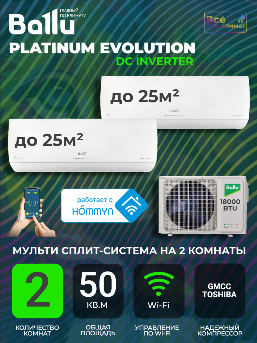 Инверторная мульти сплит-система Ballu Platinum Evolution на 2 комнаты BSUI-FM-09+09 HN8/EU BA2OI-FM/out-18HN8/EU, комплект
