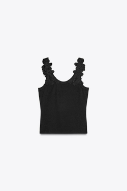 ZARA ТОП ИЗ КРУЖЕВА КРОШЕ С БРЕТЕЛЯМИ, ЧЕРНЫЙ