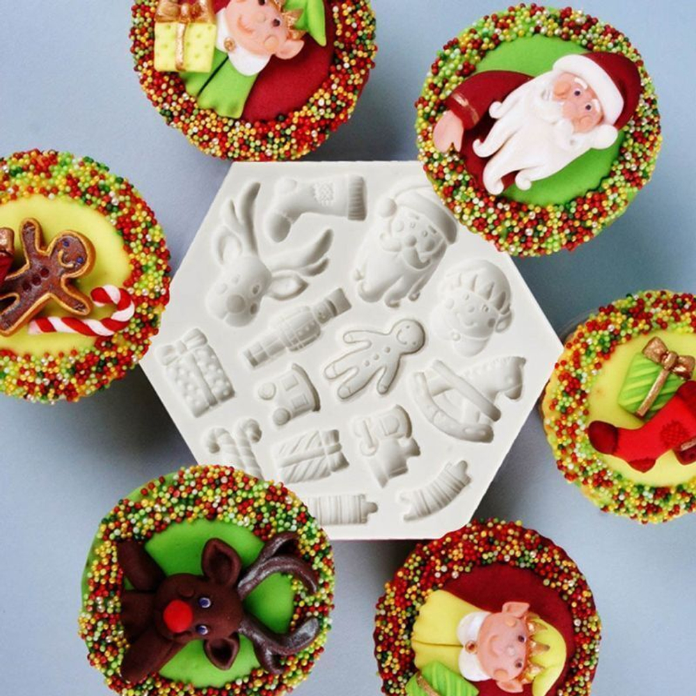 Молд силиконовый "Новогодняя открытка" / Форма 3D Санта Клаус, олень, имбирный человечек / для мыла, воска, глины, самозатвердевающих масс