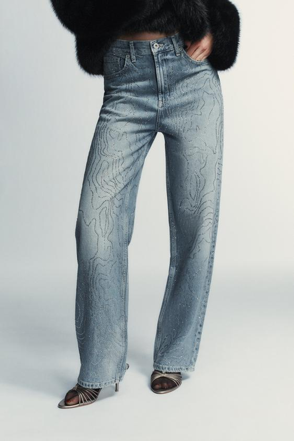 ZARA ДЖИНСЫ TRF ПРЯМОГО КРОЯ С ВЫСОКОЙ ПОСАДКОЙ И СТРАЗАМИ, СИНИЙ