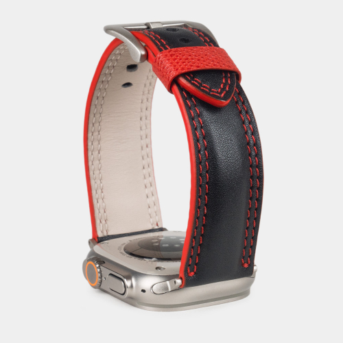 Ремешок для Apple Watch Ultra 49mm из кожи теленка черного цвета с красной строчкой