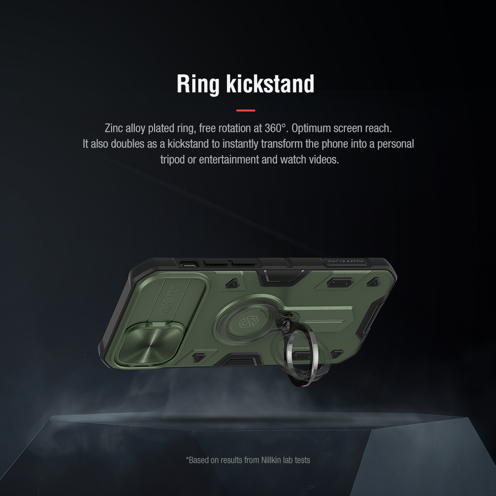 Чехол противоударный от Nillkin зеленого цвета (Dark Green) для iPhone 12 mini, серия CamShield Armor Case, с кольцом и металлической защитной шторкой для камеры