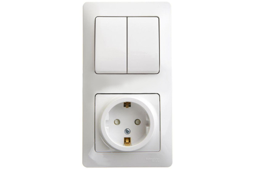 Schneider Electric Glossa Белый Блок: розетка с заземляющими контактами со шторками и 2-клавишный выключатель IP20 скрытая установка GSL000174
