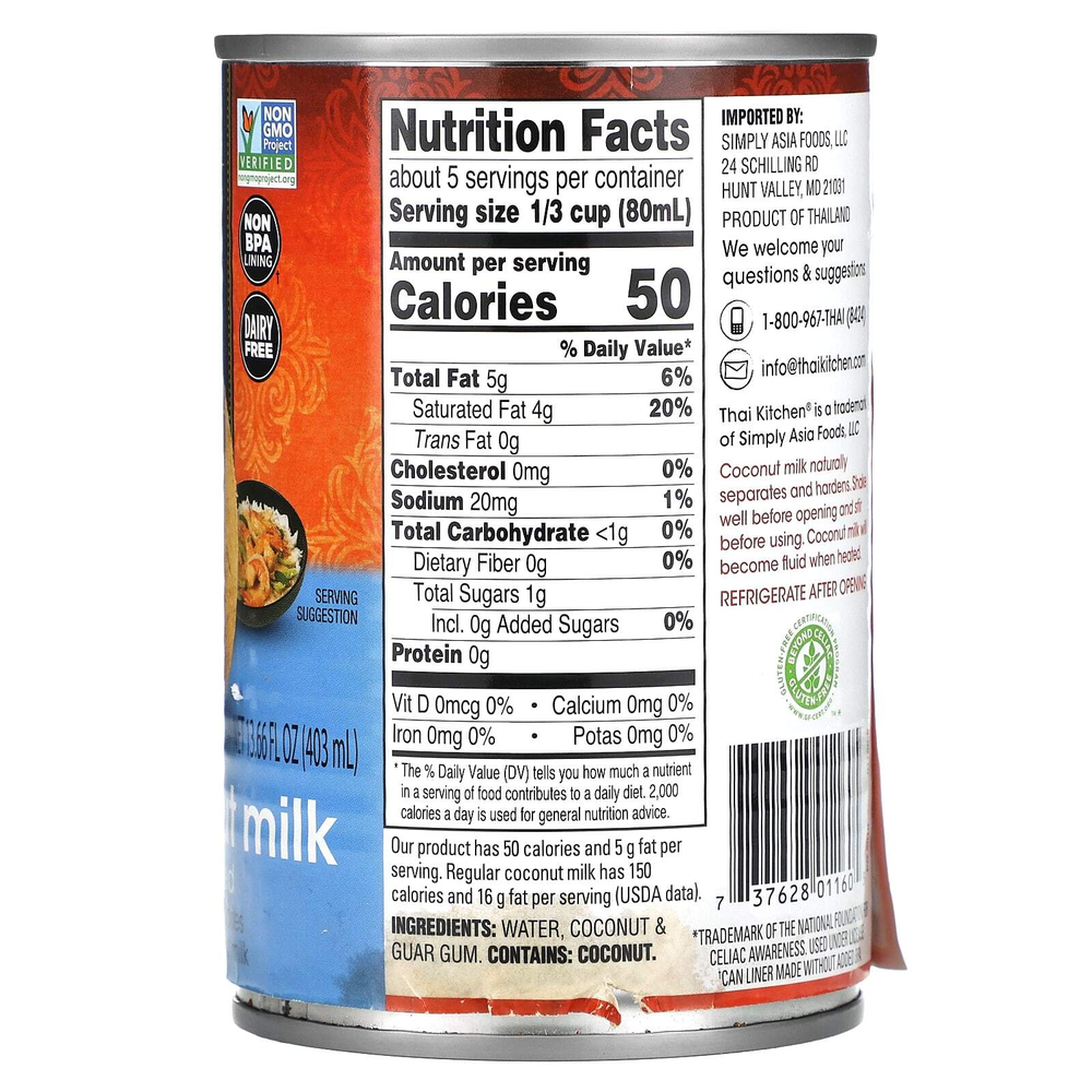 Thai Kitchen, облегченное кокосовое молоко, без подсластителей, 403 мл (13,66 жидк. унции)