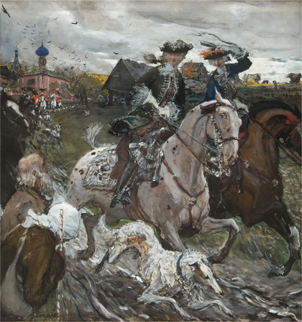 Петр II и цесаревна Елизавета на псовой охоте, Серов В. А., картина для интерьера (репродукция) Настене.рф