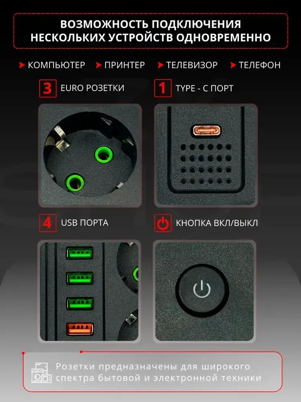 Сетевой фильтр 3 метра Удлинитель с USB и Type-c