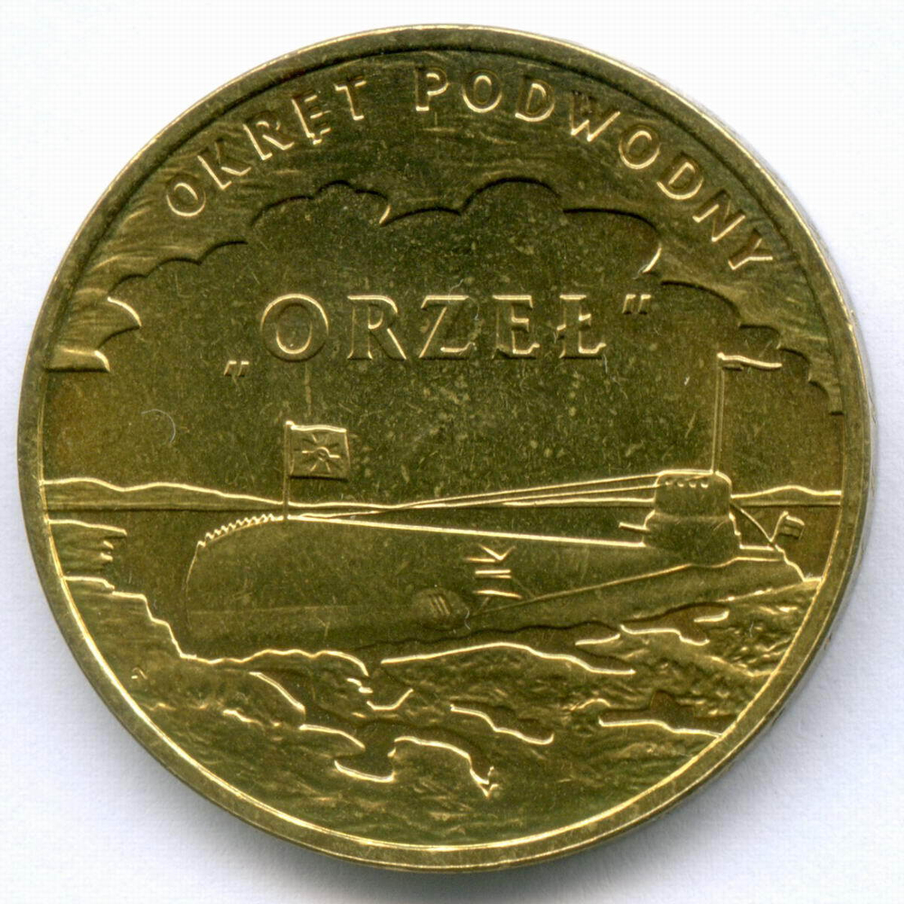 2 злотых 2012 год. Польша. Флот - Подводная лодка "Орел". Латунь, диаметр 27 мм. XF-AU
