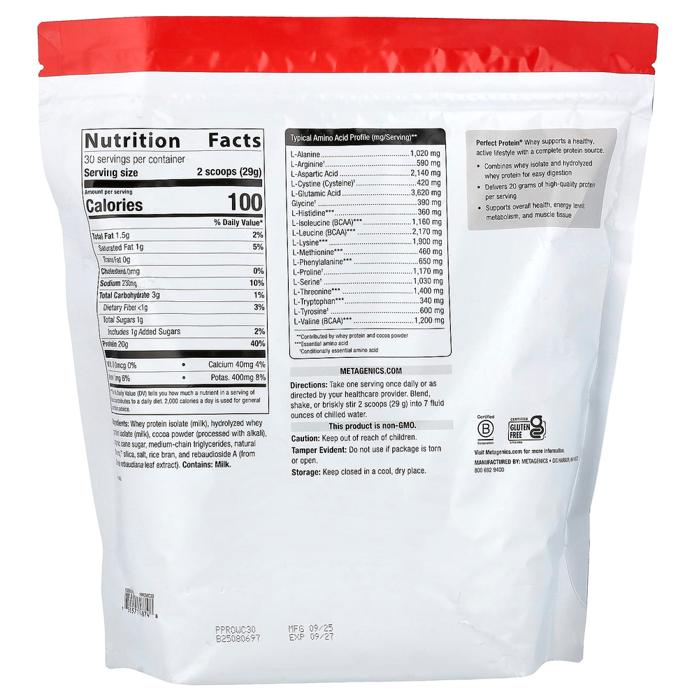 Metagenics, Perfect Protein® Whey, натуральный шоколад, 870 г (1 фунт 14,69 унции)