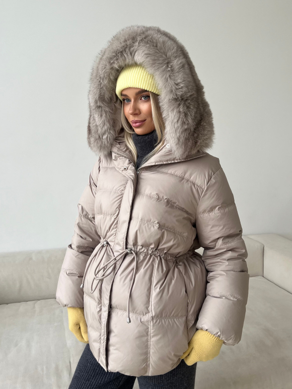 Пуховик Fresh миди с кулиской бежевый
