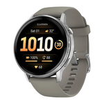 Спортивные часы Garmin Venu 4, 45 мм, серебристо-серый силиконовый ремешок Безель из нержавеющей стали серебристого цвета, корпус серебристого цвета, AMOLED-дисплей со стеклом Gorilla Glass. Ремешок с классической застёжкой — на запястье обхватом 135–200