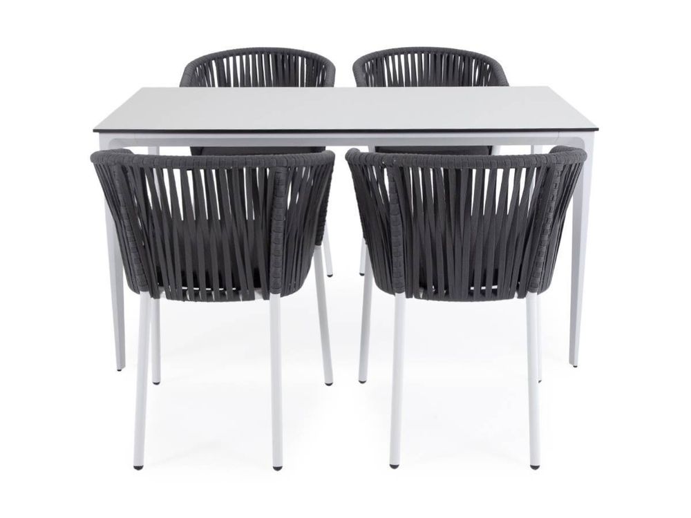 "Малага" обеденная группа на 4 персоны со стульями "Бордо", каркас белый, роуп серый