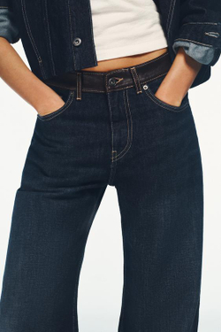 ZARA ДЖИНСЫ TRF STRAIGHT WIDE С ВЫСОКОЙ ПОСАДКОЙ И КОЖЕЙ, ТЕМНЫЙ ИНДИГО