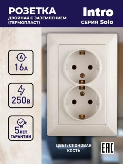 Розетка Intro Solo 4-205-02 с заземлением двойная 2X2P+E Schuko 16А-250В IP20 скрытой установки слоновая кость