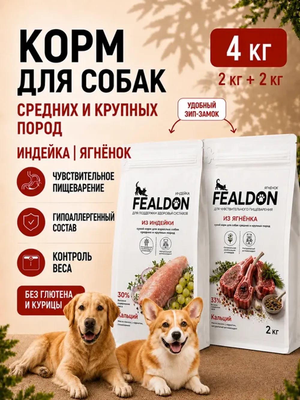 Сухой корм Fealdon для взрослых собак средних и крупных пород из ягненка