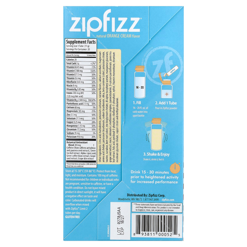 Zipfizz, Энергетическая смесь для здорового спорта с витамином B12, апельсиновый крем, 20 тюбиков по 11 г (0,39 унции)