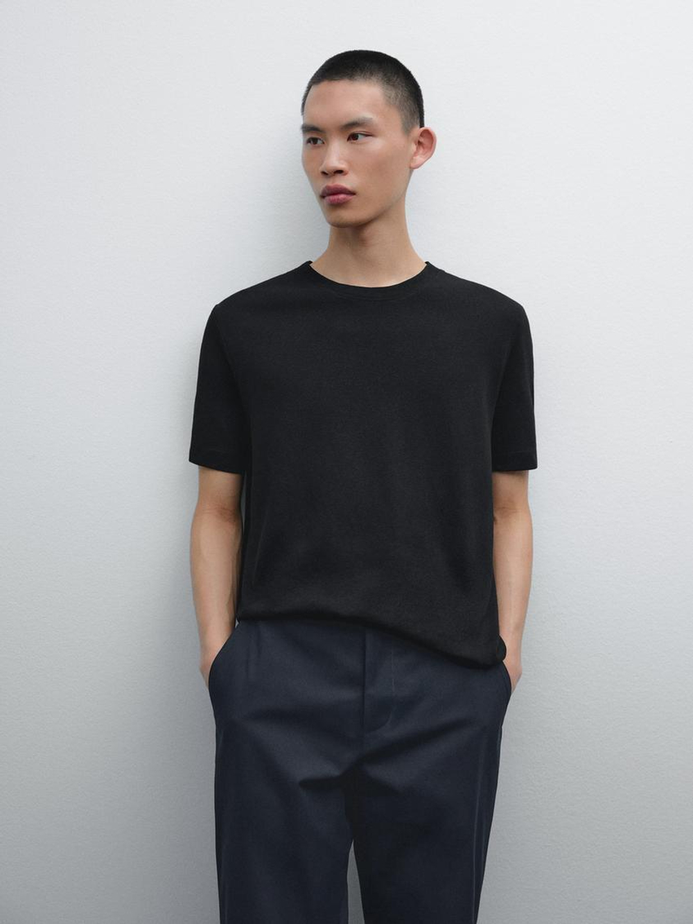 Massimo Dutti Футболка с коротким рукавом из смесового льна, черный