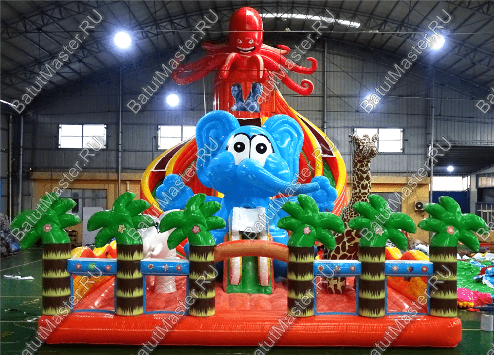 Коммерческий надувной батут "Слоны и жираф" 18*9*8,5 м