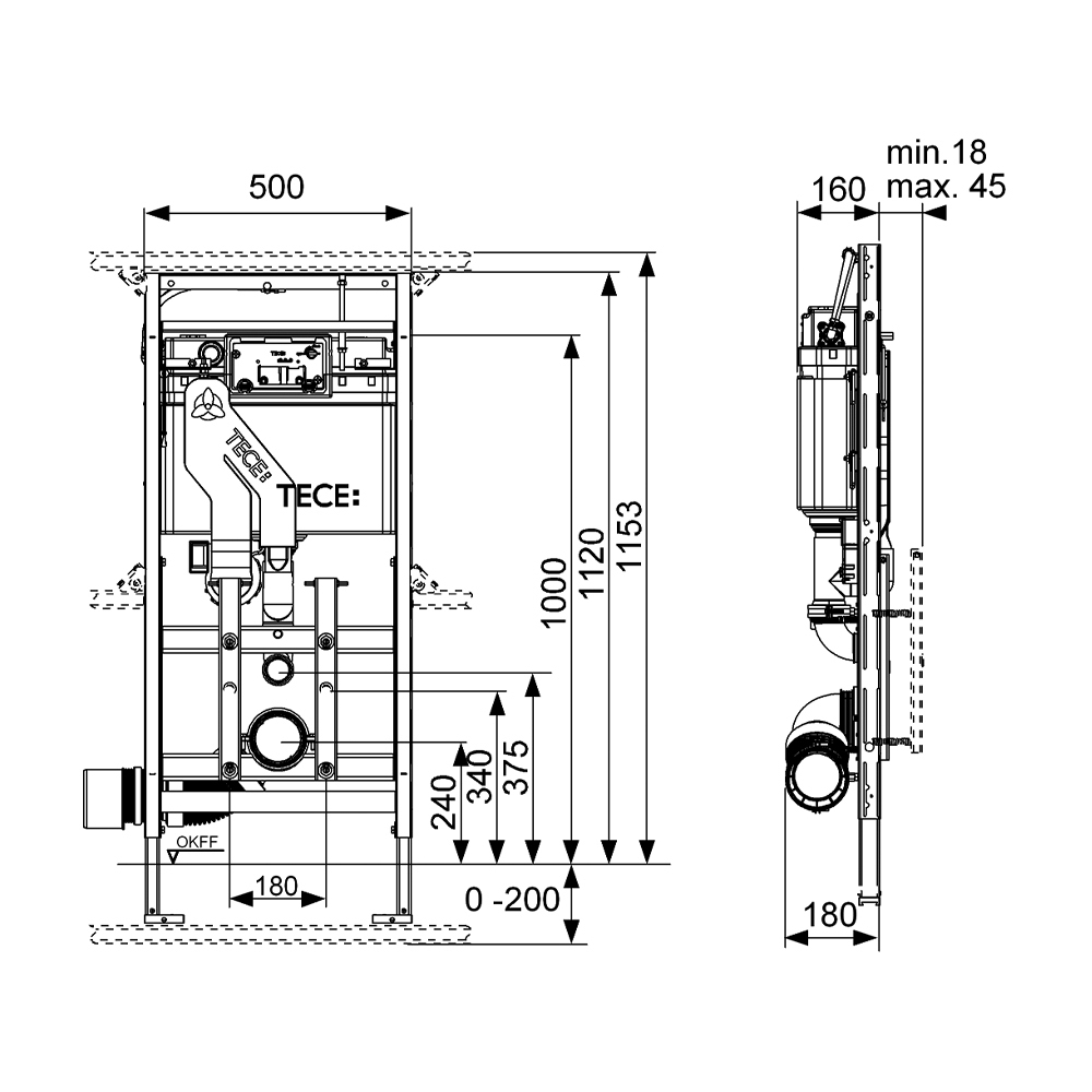 Инсталляция для унитаза TECElux 400 с регулировкой высоты и системой очистки воздуха, высота установки 1120 мм