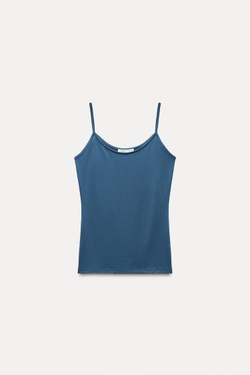 ZARA ТОП ИЗ ПОЛИАМИДА С ТОНКИМИ БРЕТЕЛЯМИ, ВЫЦВЕТШИЙ СИНИЙ