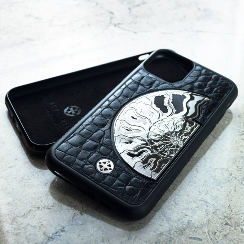 Шикарный чехол iPhone с аммонитом крокодил - Euphoria HM Premium - натуральная кожа, ювелирный сплав