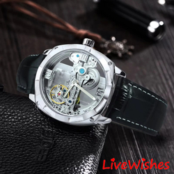 Часы наручные механические скелетоны FORSINING на кожаном ремешке, серебристый/черный W8990-02