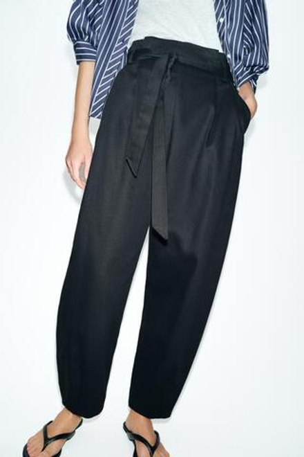 ZARA БРЮКИ PAPERBAG С РЕМНЕМ, ЦВЕТ НОЧНОГО НЕБА