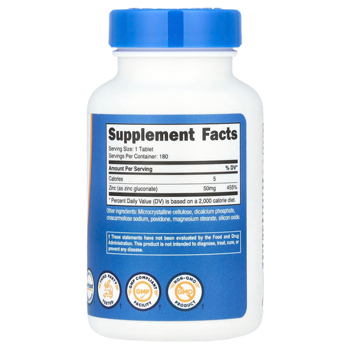 Nutricost, Глюконат цинка, 50 мг, 180 таблеток