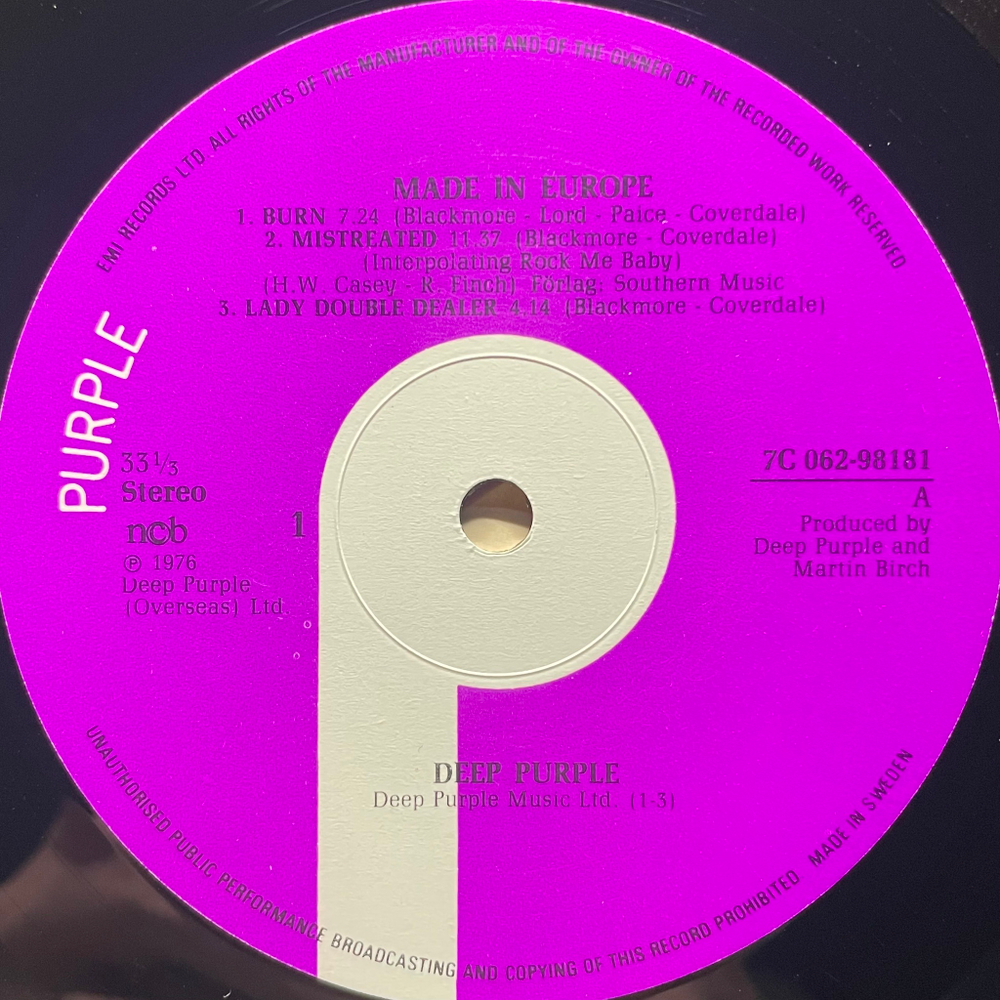 Deep Purple ‎– Made In Europe (Швеция 1976г.)
