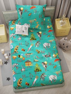 Постельное белье перкаль Сказка "Веселая азбука" 1,5-сп Наволочка 50х70 см 1 шт Простынь на резинке 90x200 см Пододеяльник 145x205 см