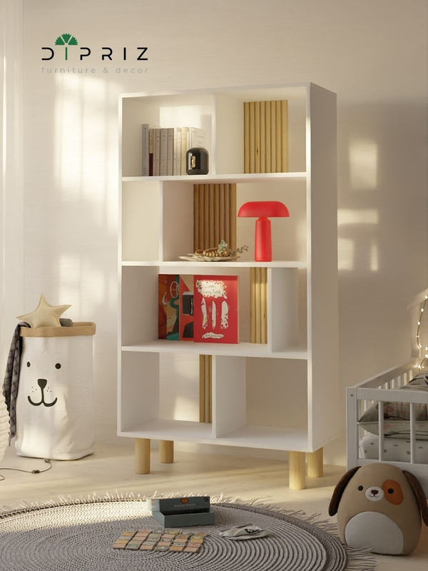 Стеллаж, 150х80х35, Ола, для игрушек и книг, напольный, в ванную, белый / сосна, Dipriz
