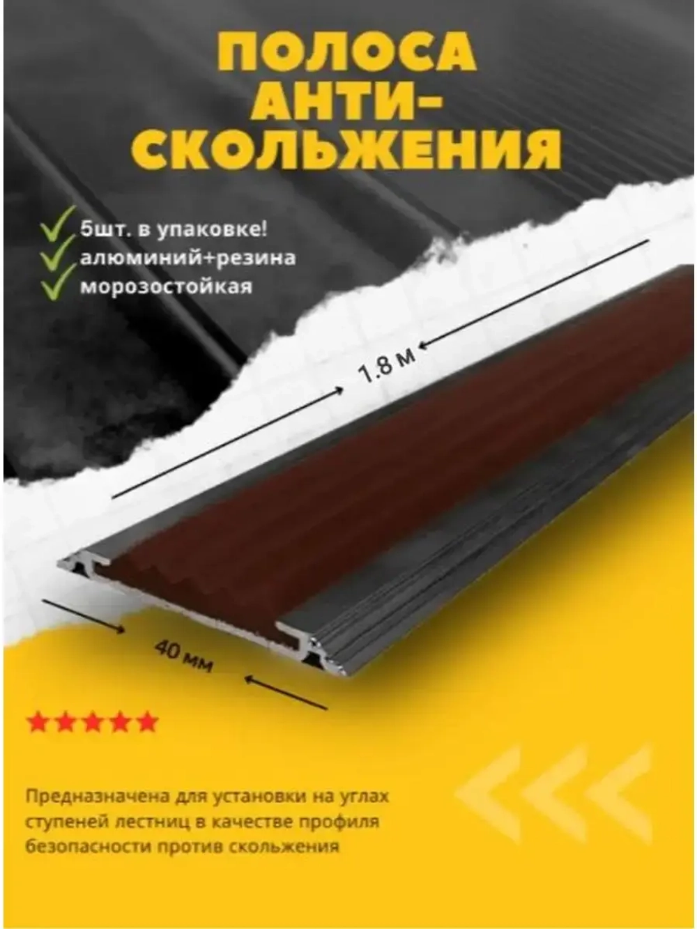 Алюминиевая полоса порог 40ммх4мм с рез вставкой, 1.8м, 5 шт